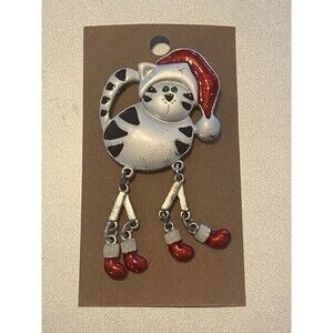 Christmas Cat Brooch Pin Silver Tone Happy Holiday Dangling Legs Enamel